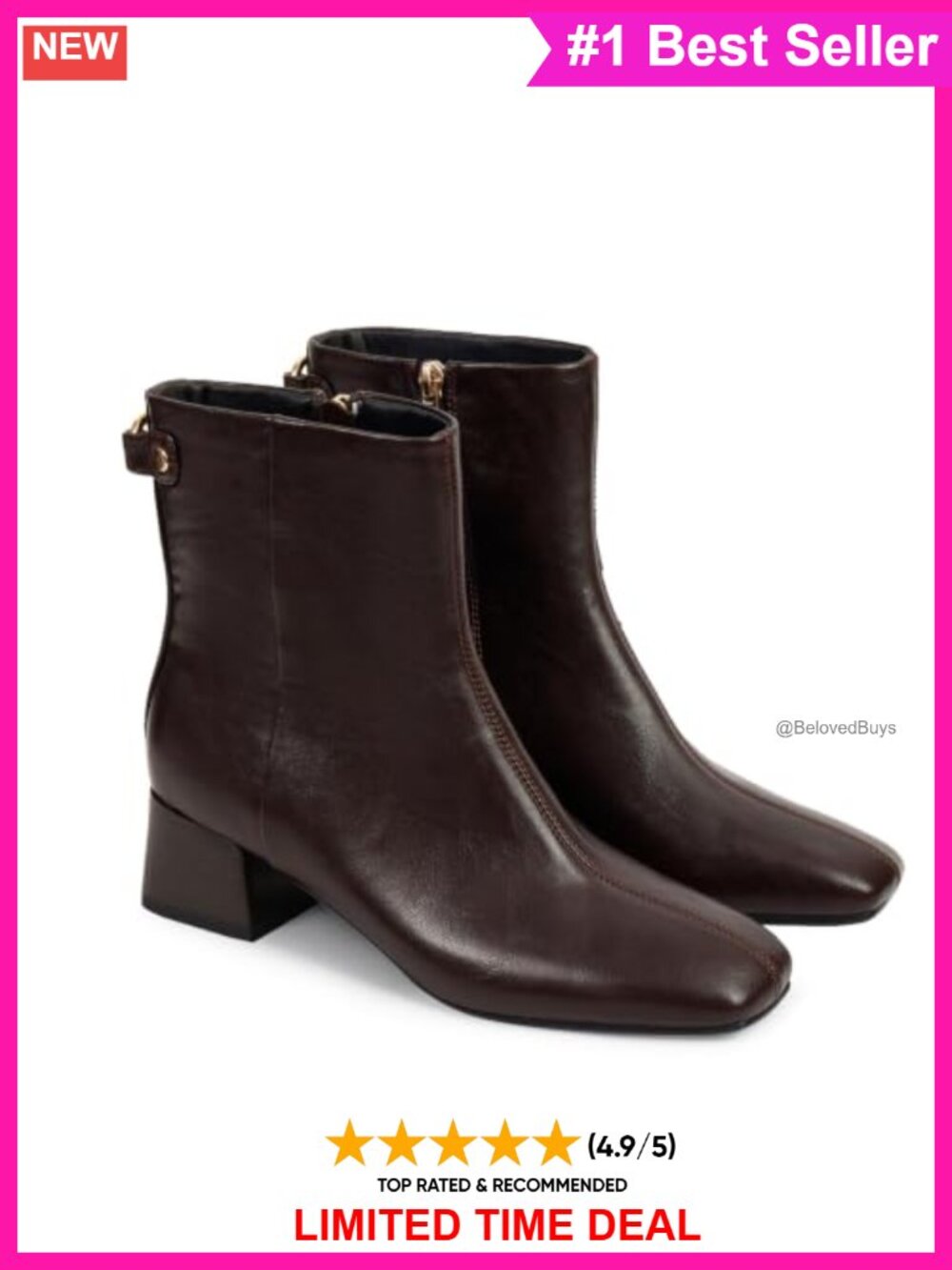 Faux Leather Ankle Boots Square Toe Chunky Block Heel Side Zip Booties
